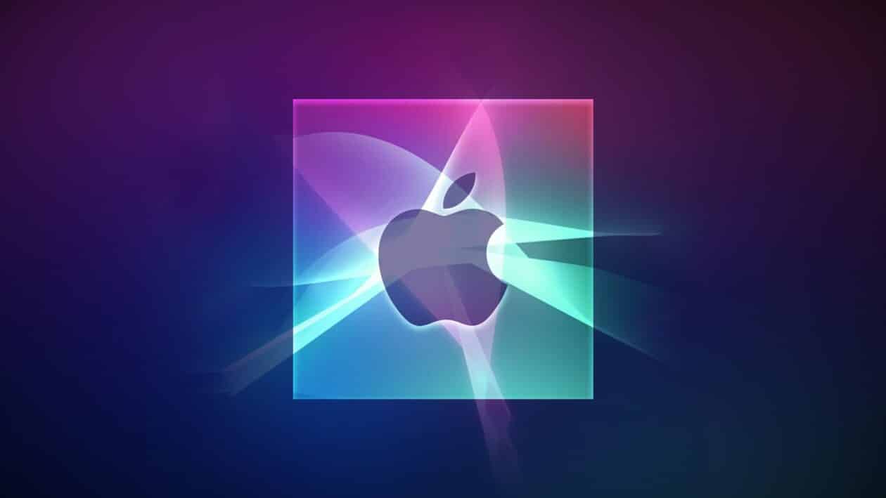 Imagem com um chip, logo da Apple e cores da Siri (inteligência artificial e servidores)