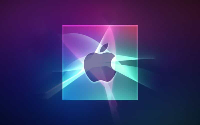 Imagem com um chip, logo da Apple e cores da Siri (inteligência artificial e servidores)