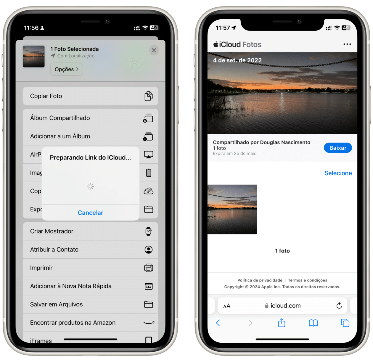 Compartilhamento de links do Apple Fotos