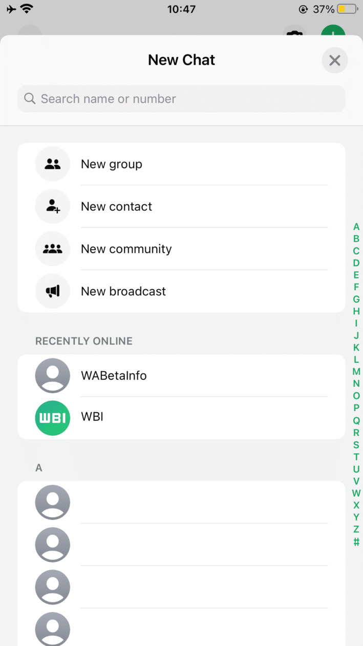 Lista de contatos online recente no WhatsApp
