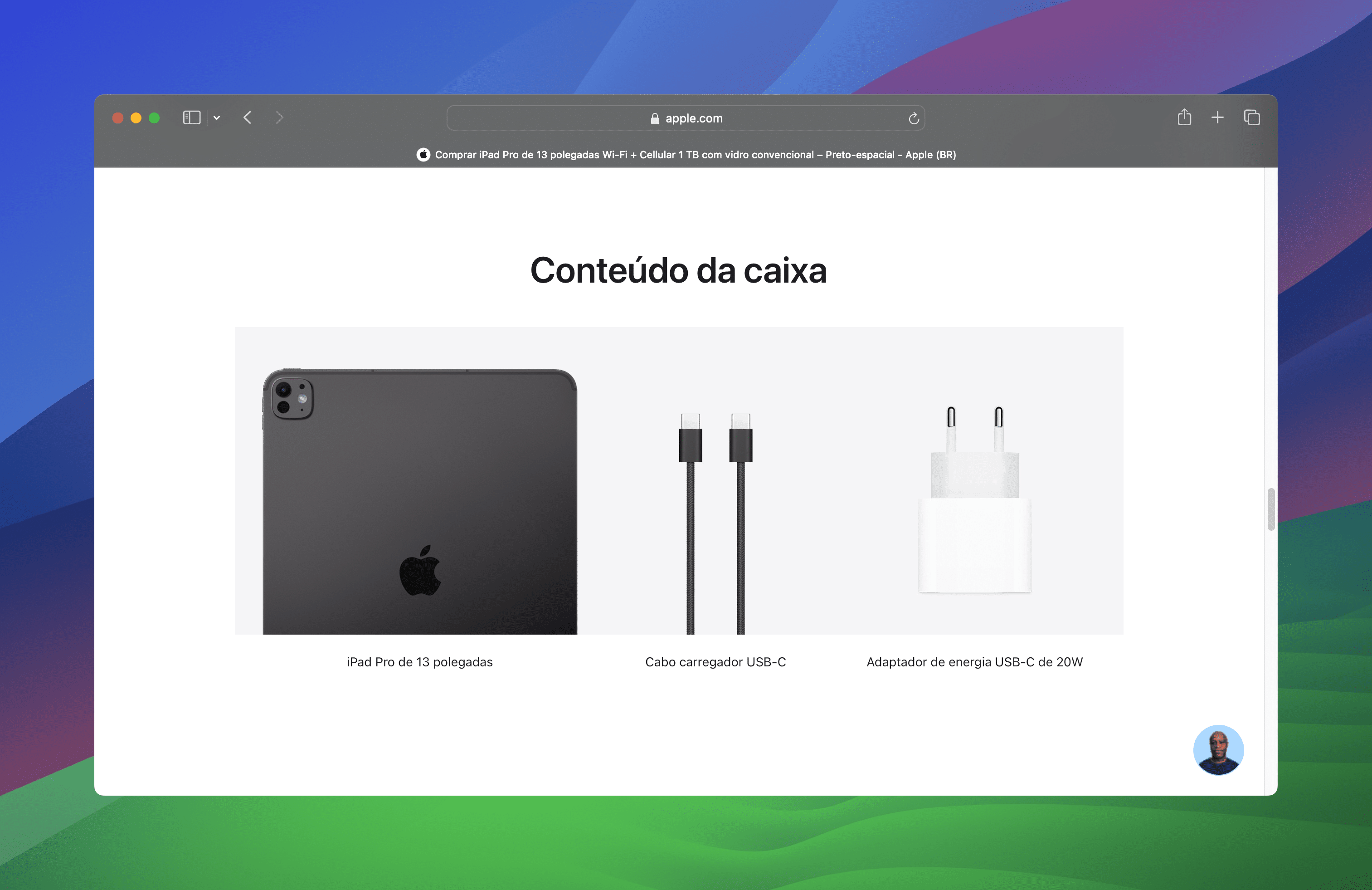 Conteúdo da caixa do iPad Pro de 13" (M4) no Brasil