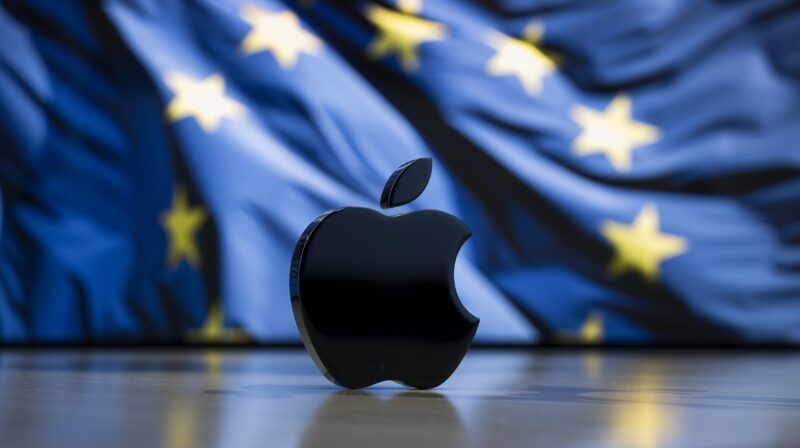 Logo preto da Apple em frente a bandeira da União Europeia