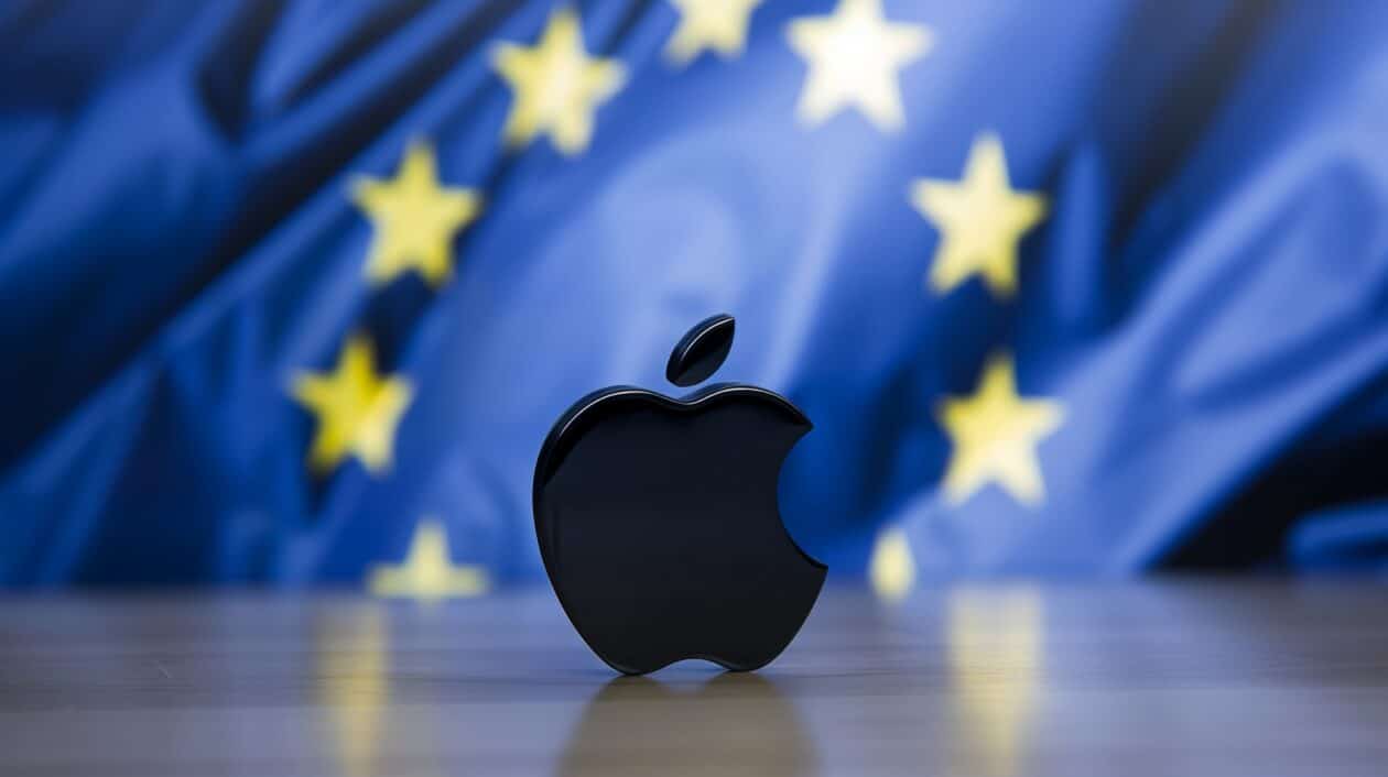 Logo preto da Apple em frente a bandeira da União Europeia