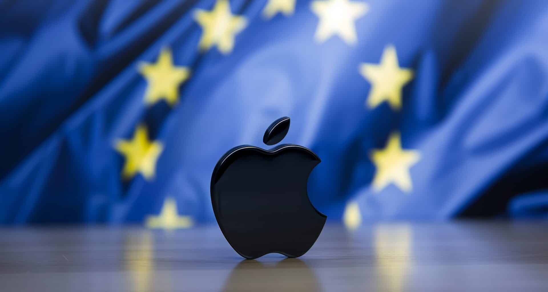 Logo preto da Apple em frente a bandeira da União Europeia