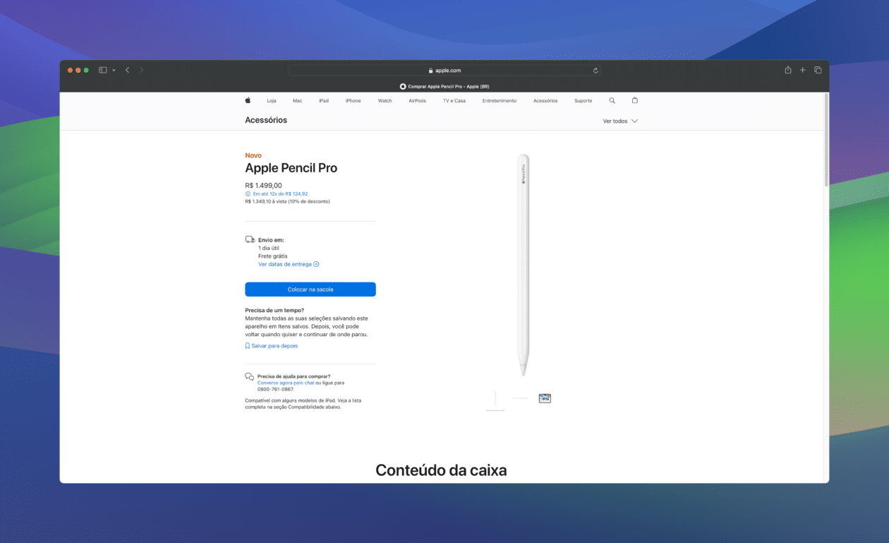 Apple Pencil Pro disponível na Apple Store Online do Brasil