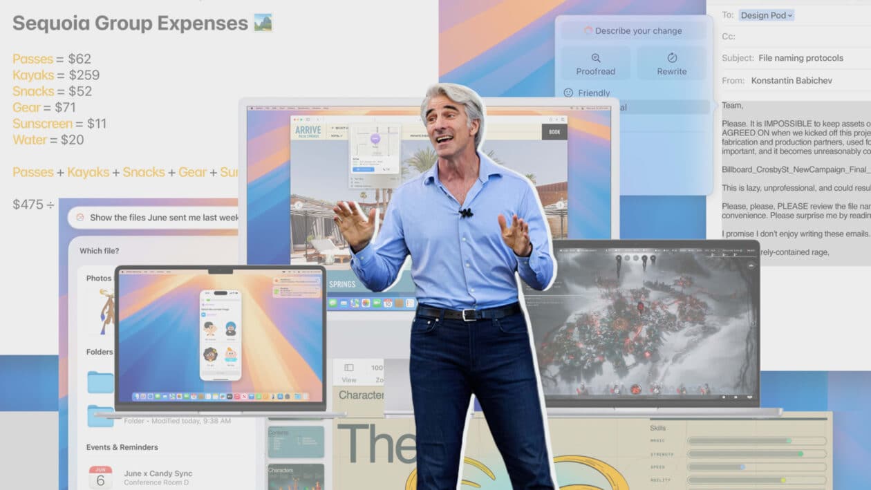 Craig Federighi com várias imagens da Apple Intelligence ao fundo