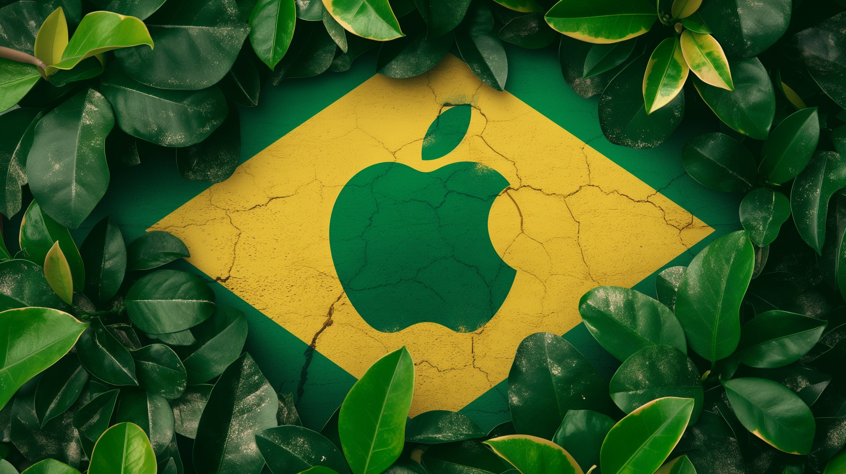 Logo da Apple em meio a bandeira do Brasil com plantas em volta