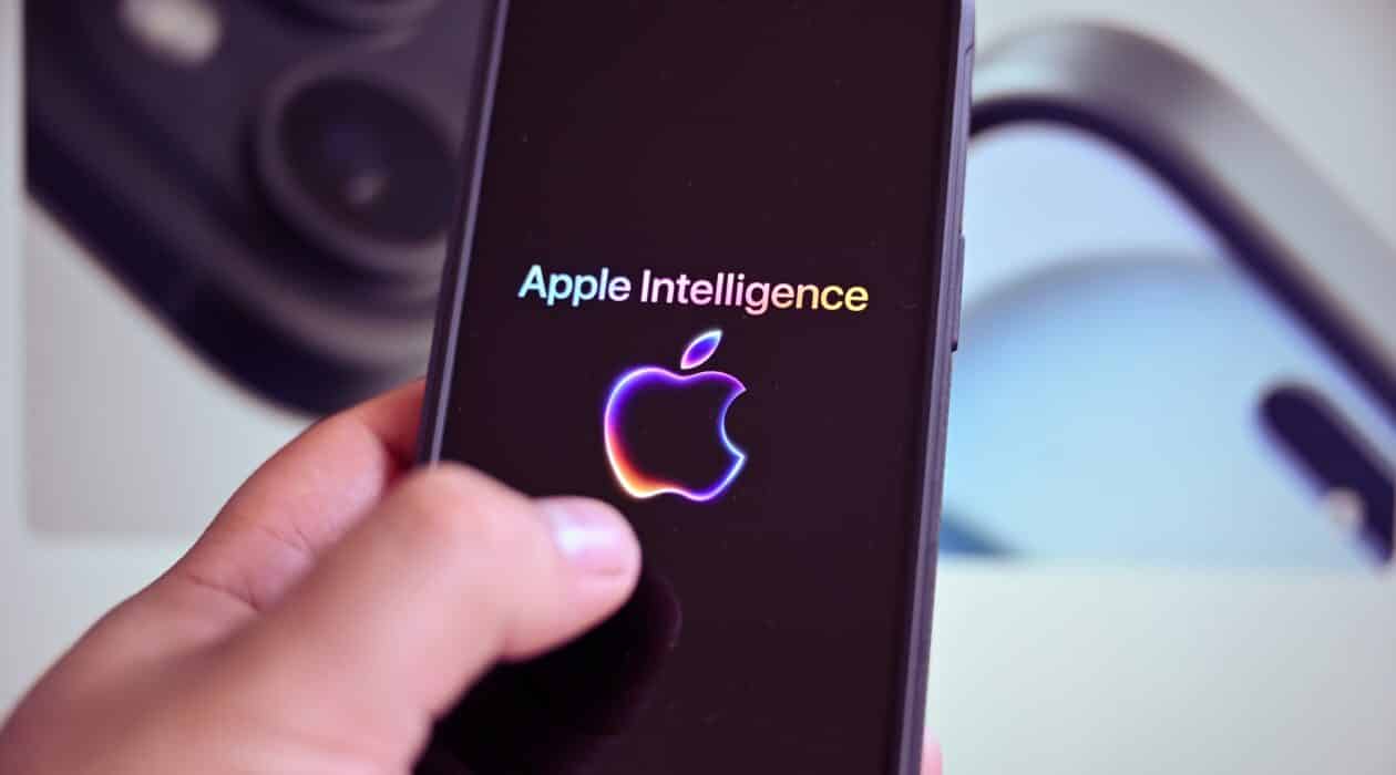 iPhone com logo da Apple na tela e Apple Intelligence