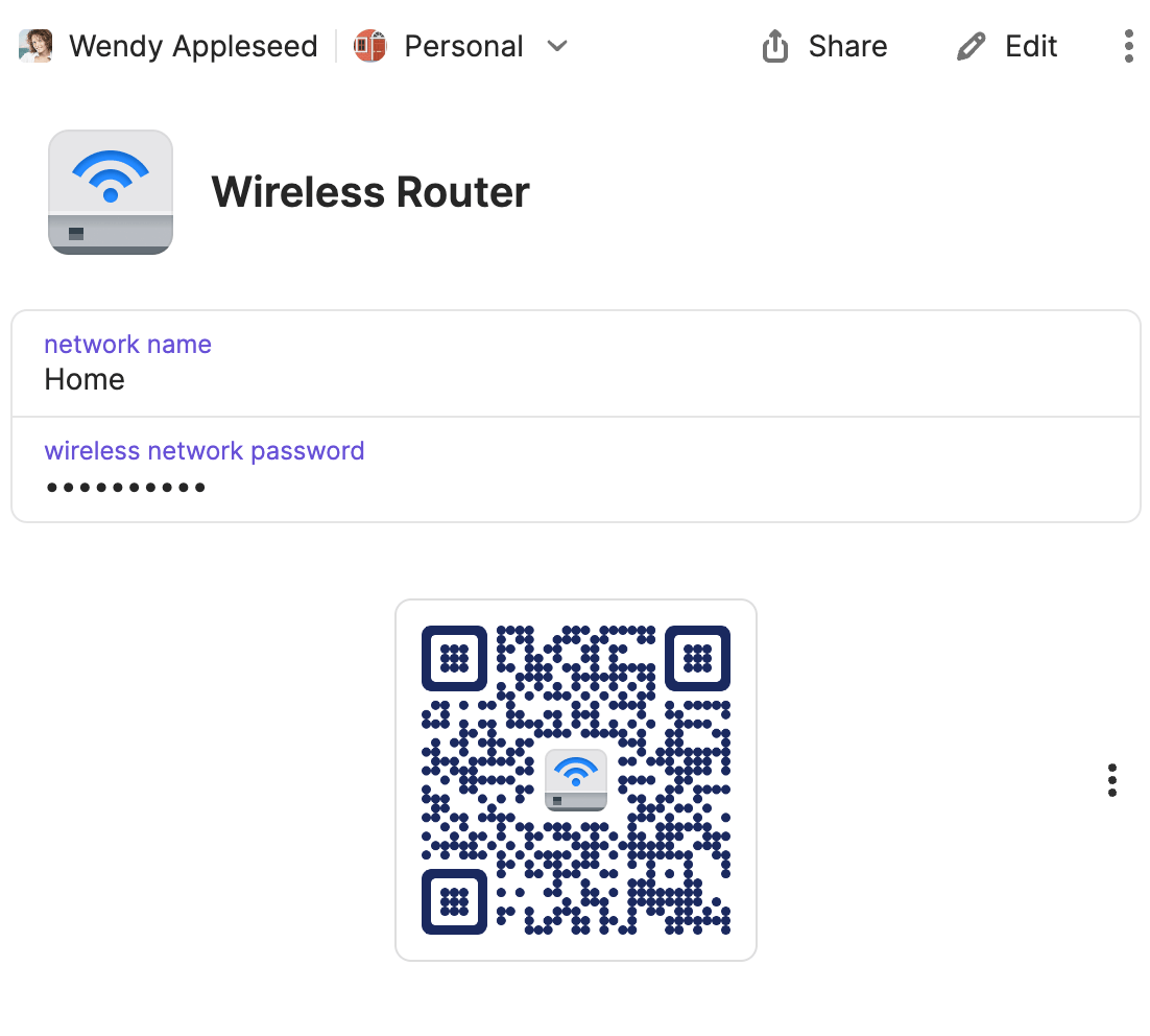 QR code para Wi-Fi no 1Password