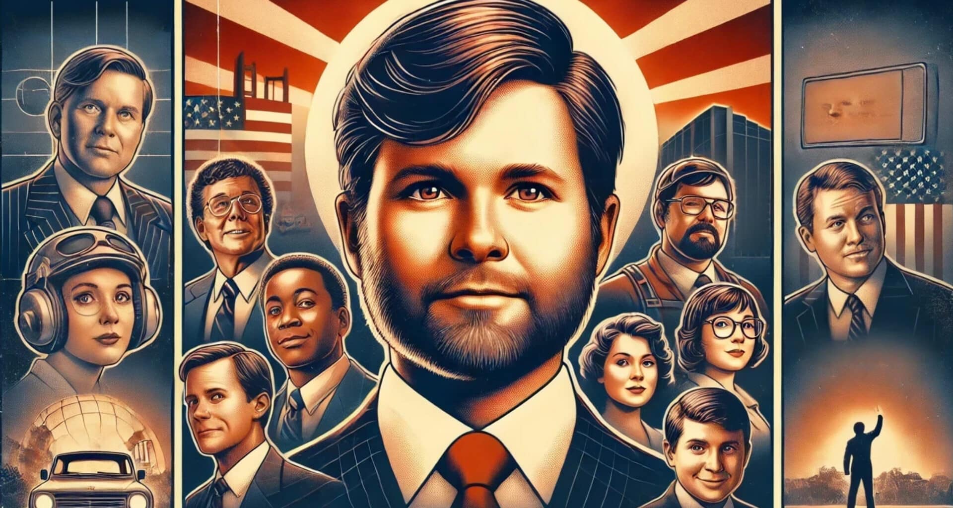 Pôster retrô no estilo de filme antigo imagina um filme chamado "Com JD Vance, O Vale do Silício Contra-Ataca"