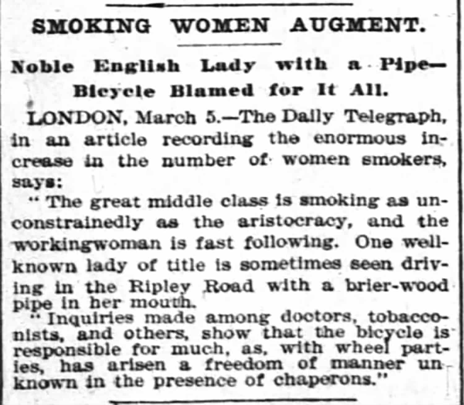 Matéria de 1898 culpa a bicicleta pelo aumento no número de mulheres fumantes