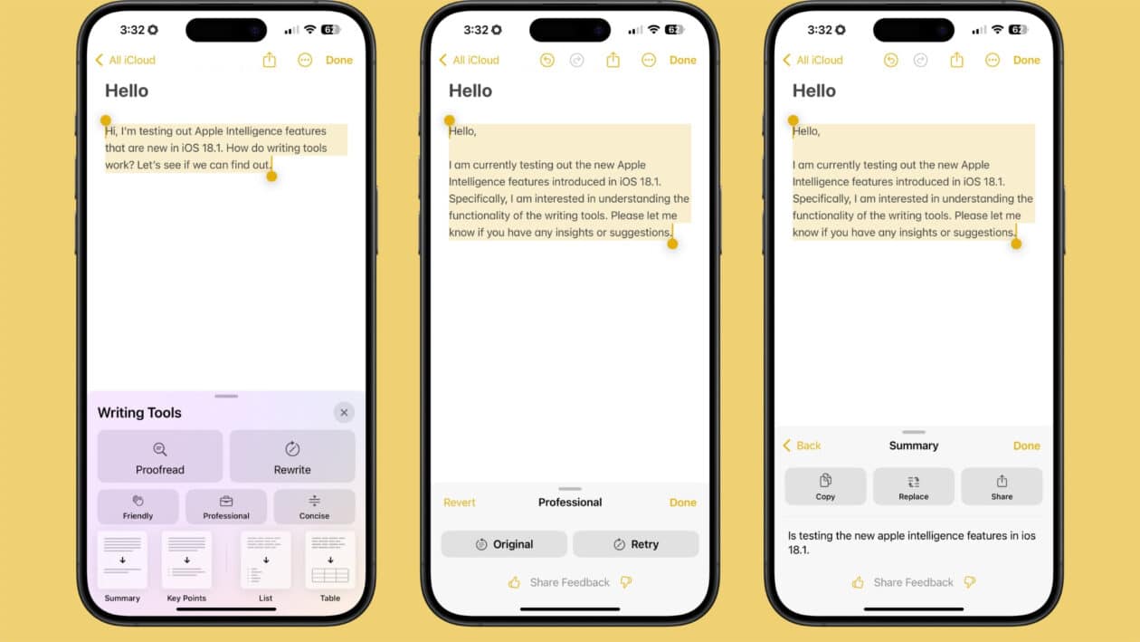 iOS 18.1: reescrita de textos com Apple Intelligence no app Notas