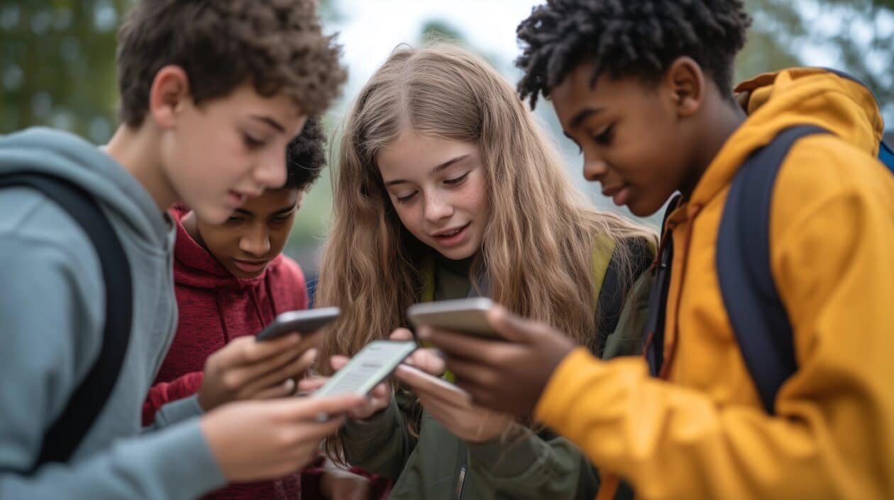 Grupo de jovens/adolescentes lendo e vendo algo nas telas de iPhones