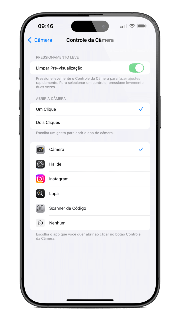 Ajustes do Controle da Câmera no iPhone 16 Pro Max