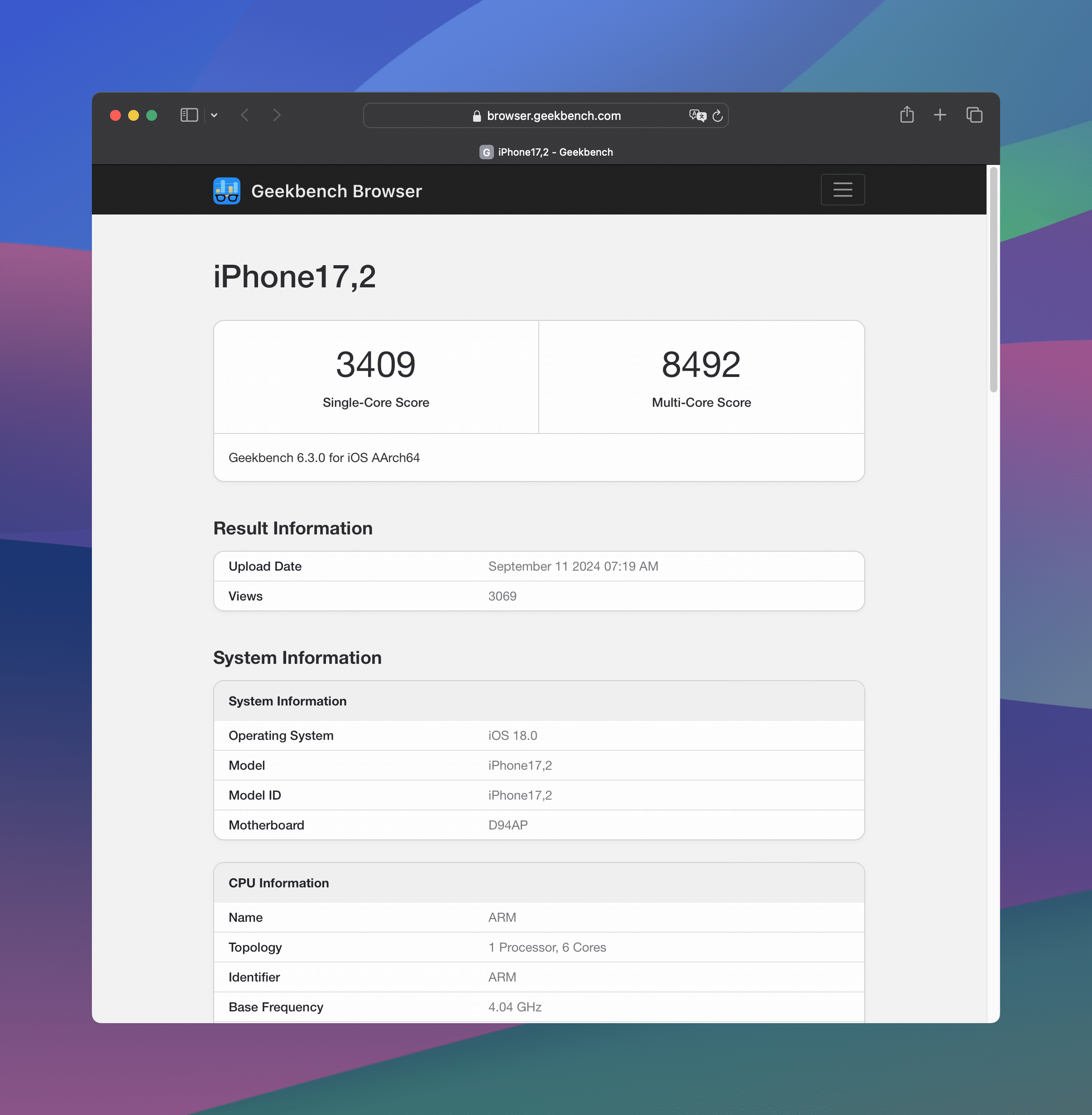 Resultados Geekbench do iPhone 17,2