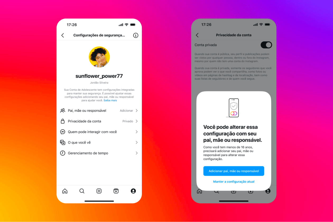 Ajustes da conta de adolescente do Instagram