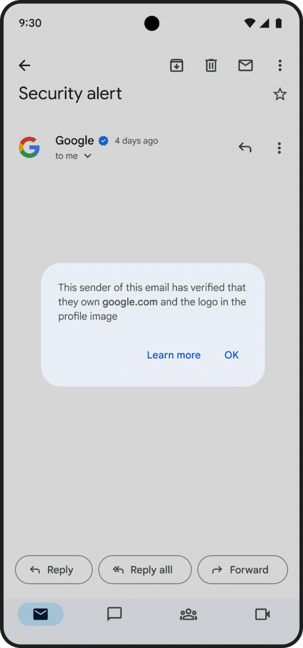 Selo azul de verificação do remetente no Gmail