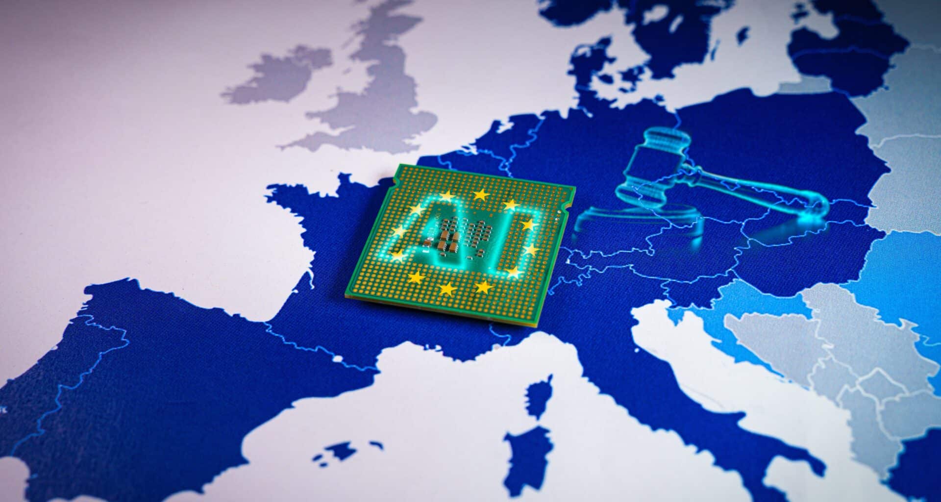 Chip de IA sobre o mapa da União Europeia
