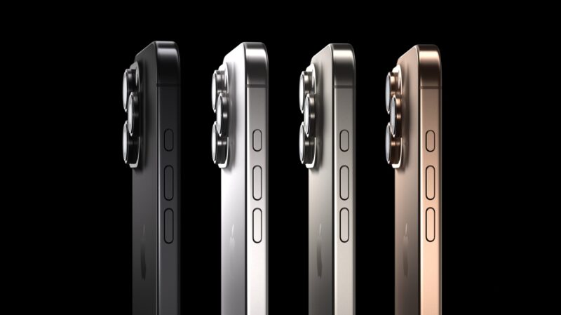 Linha de iPhones 16 Pro em todas as cores sobre um fundo preto