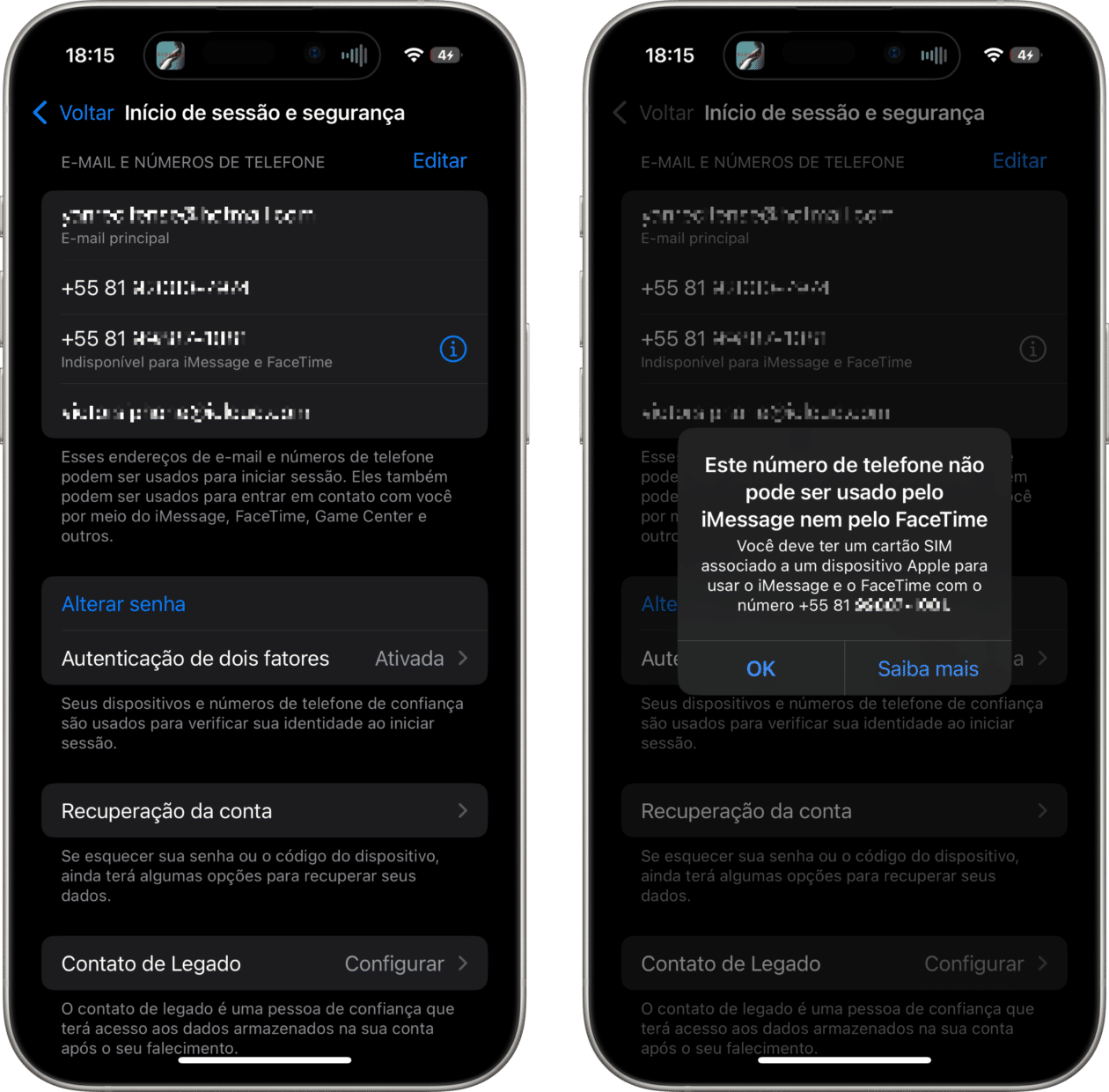 Falha na ativação do iMessage e do FaceTime