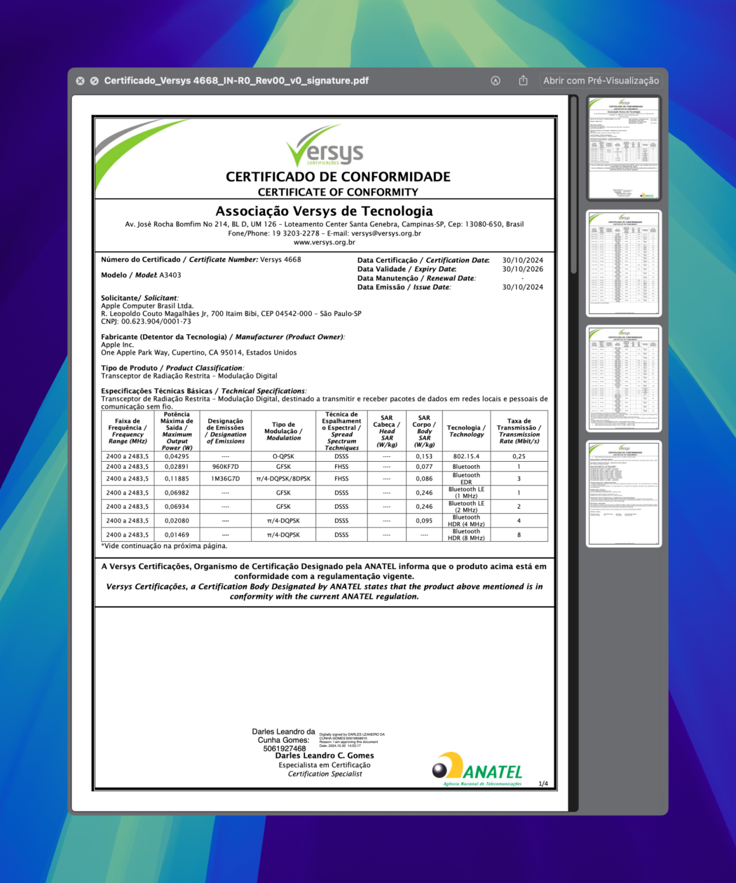 Homologação do MacBook Pro (modelo A3403)