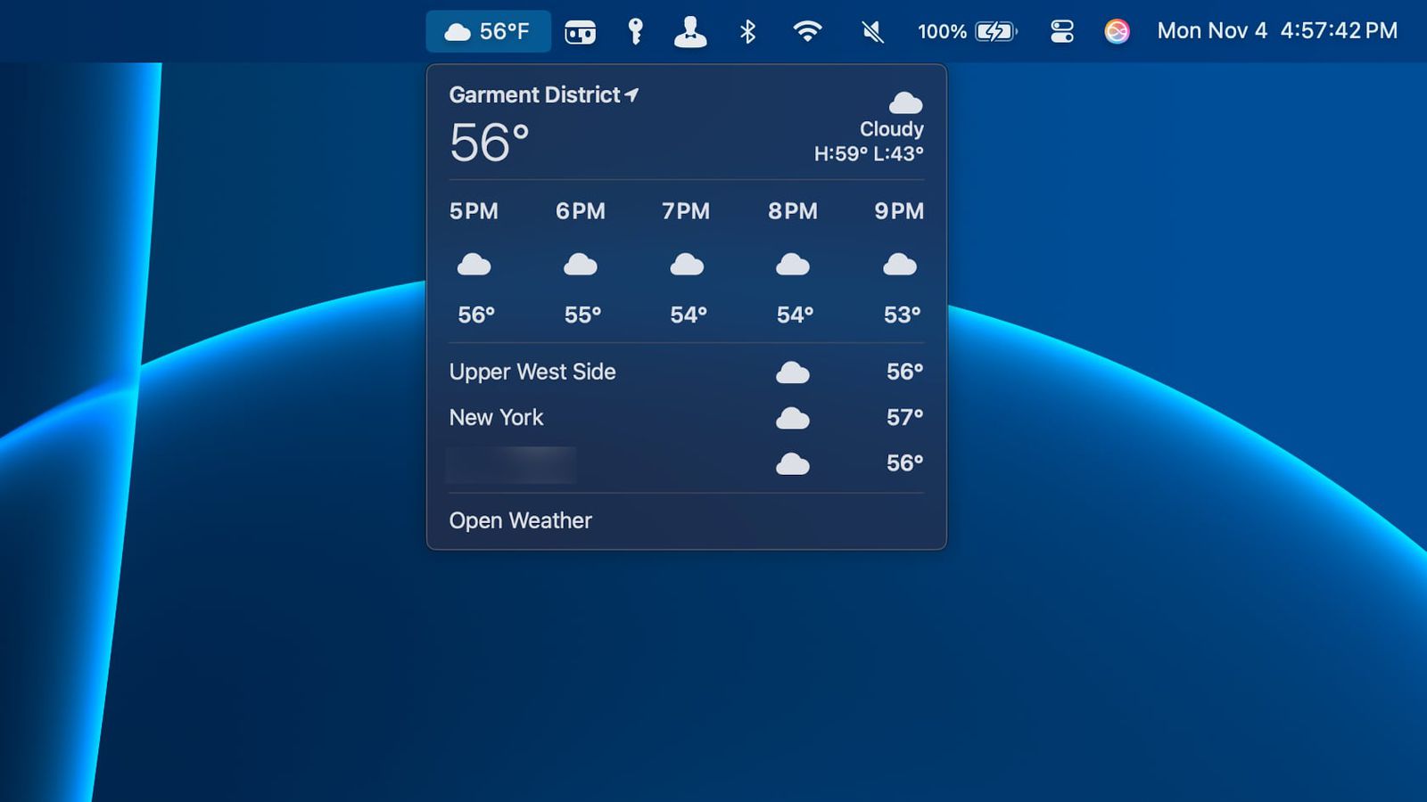 Weather in the macOS Sequoia menu bar