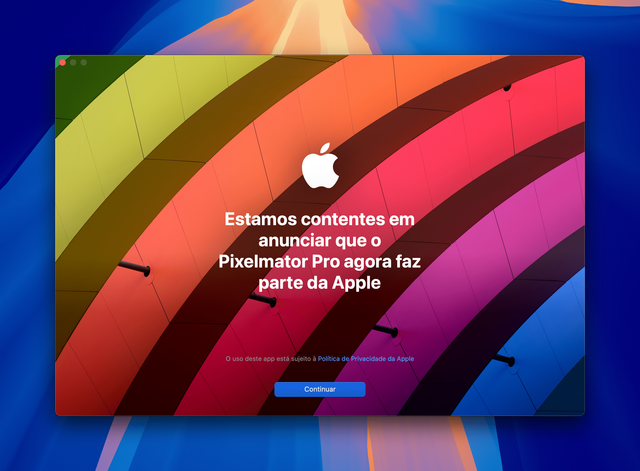 Tela de boas-vindas do Pixelmator Pro após aquisição pela Apple