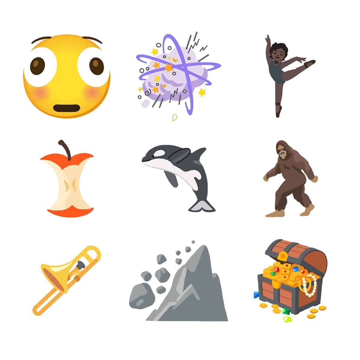 Possíveis novos emojis para 2025/2026 (pé grande, dançarina, baleia, tesouro, rosto com olho arregalado)