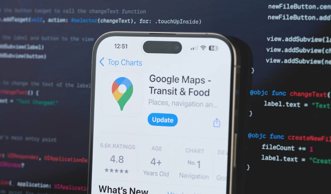 Página do Google Maps na App Store do iPhone com uma tela atrás exibindo códigos
