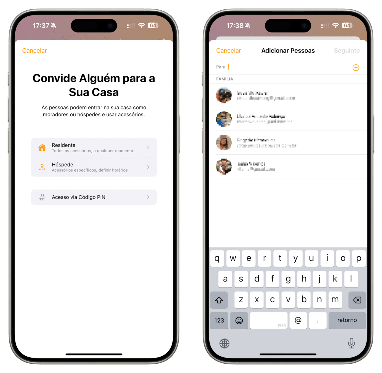 Convidados controlando acessórios no app Casa