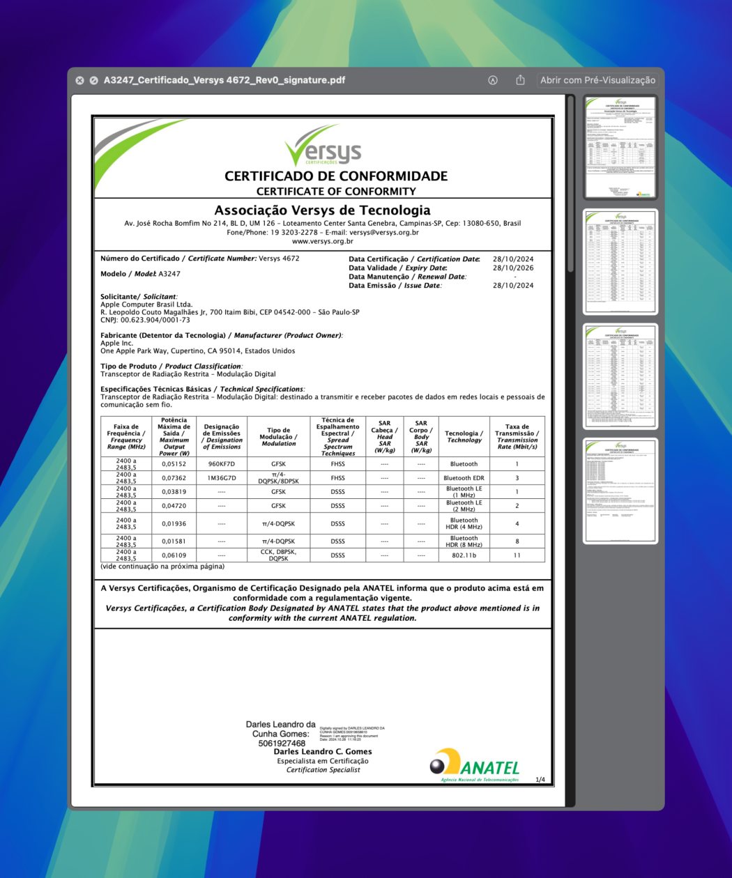 Documento de homologação do iMac (M4) modelo A3247