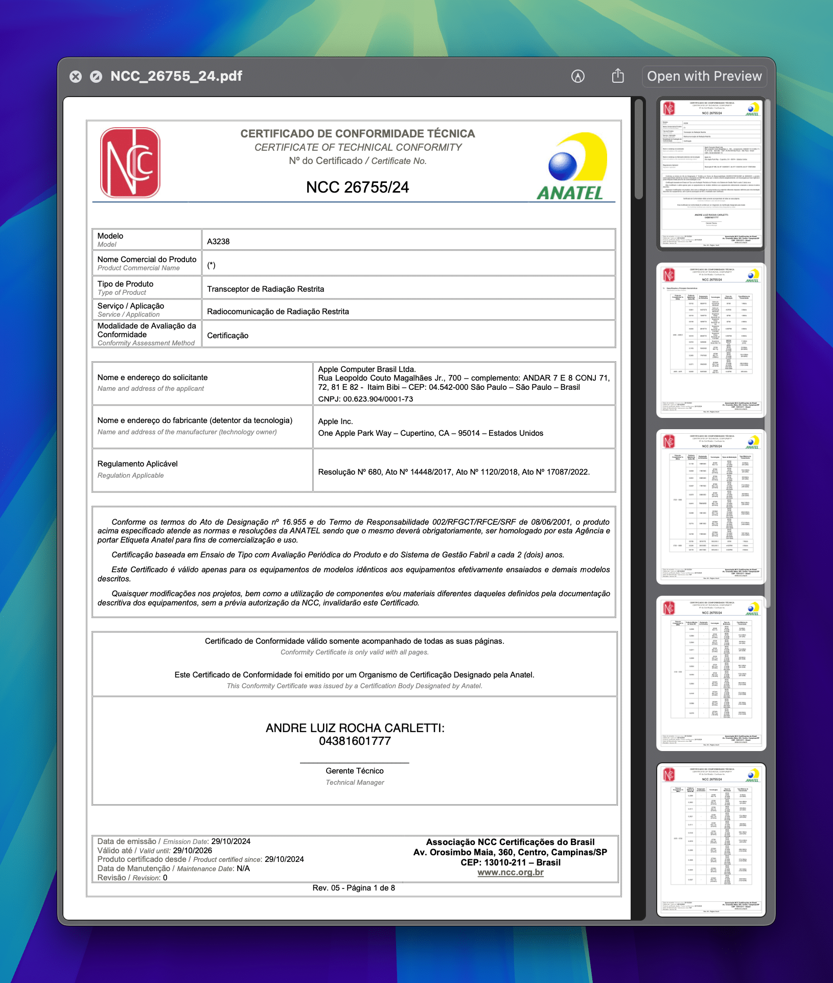 Certificado de Conformidade Técnica do Mac mini (M4)