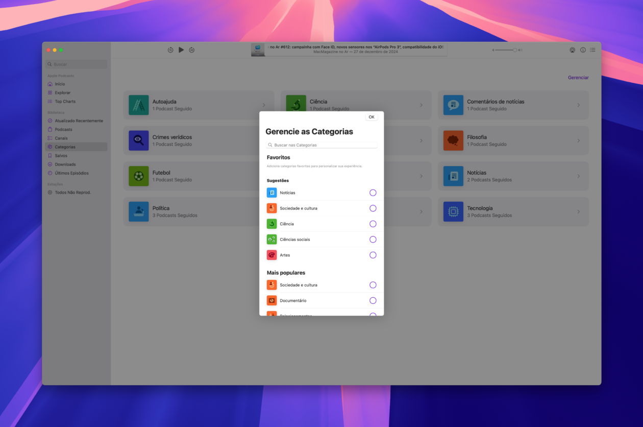 Categorias favoritas no app Podcasts (Mac)