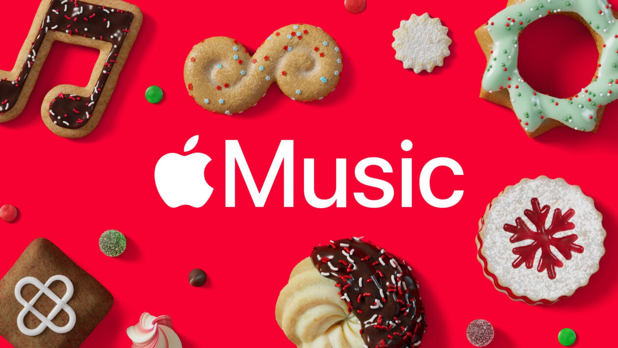 Logo do Apple Music cercado por doces natalinos