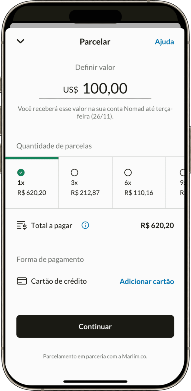 Parcelamento de compras de dólares na Nomad