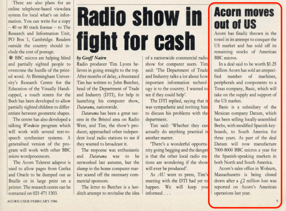 Discreto anuncio do encerramento das atividades da Acorn nos EUA, na edição de fevereiro de 1986 da revista Acorn User