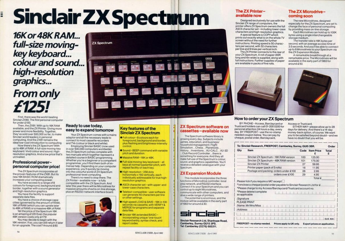 Publicidade do lançamento do ZX Spectrum, em abril de 1983