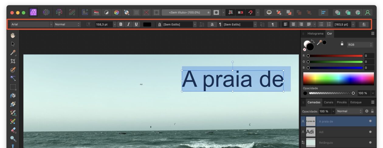 Barra contextual no Affinity Photo