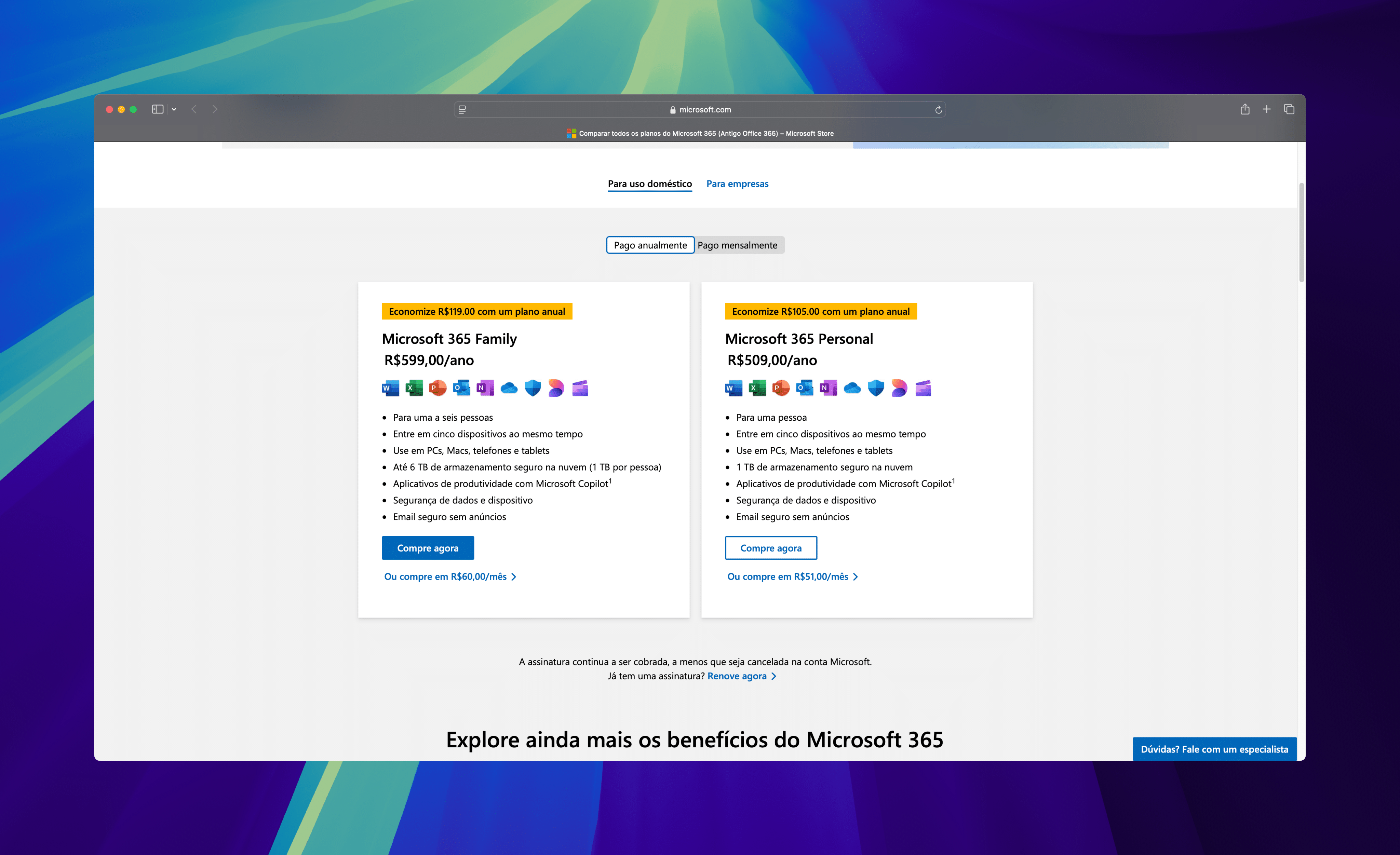 Preços das assinaturas do Microsoft 365 no Brasil