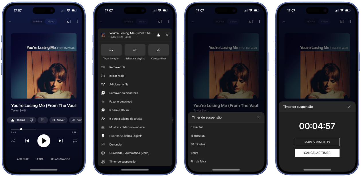 Timer de suspensão no YouTube Music