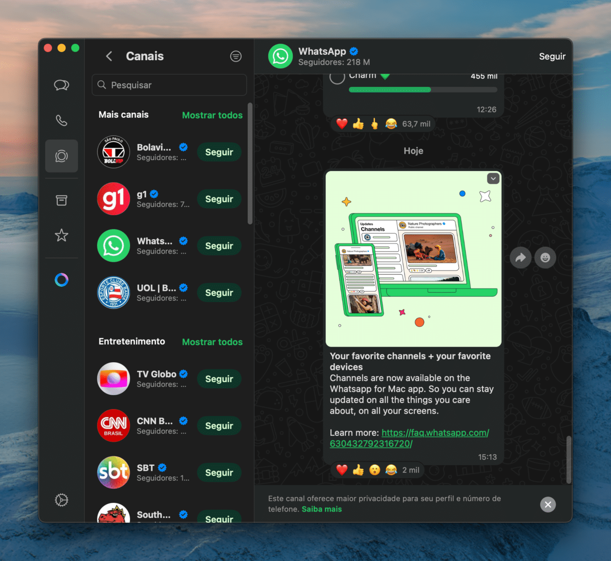 Canais do WhatsApp no macOS