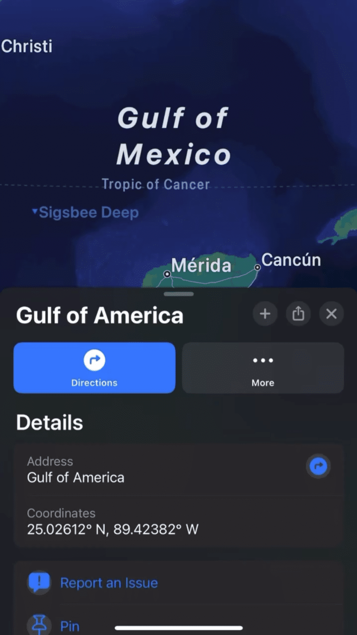 Golfo da América (Golfo do México) no Apple Maps