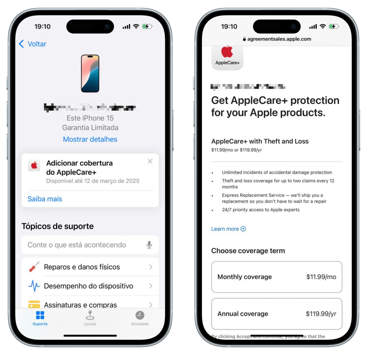 Compra do AppleCare+ with Theft and Loss para iPhone pelo app Suporte da Apple