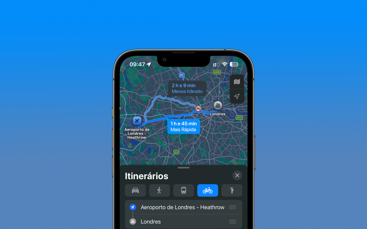 Itinerários de bicicleta no app Mapas