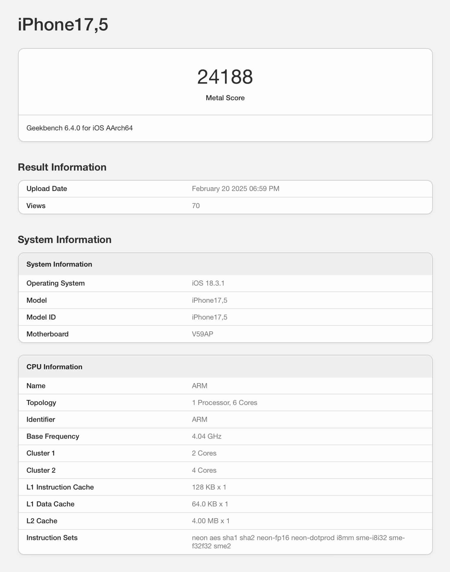 Benchmark do iPhone 16e no Geekbench