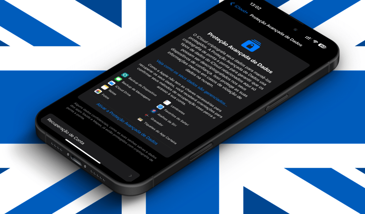 Proteção Avançada de Dados do iCloud no iPhone sobre bandeira do Reino Unido