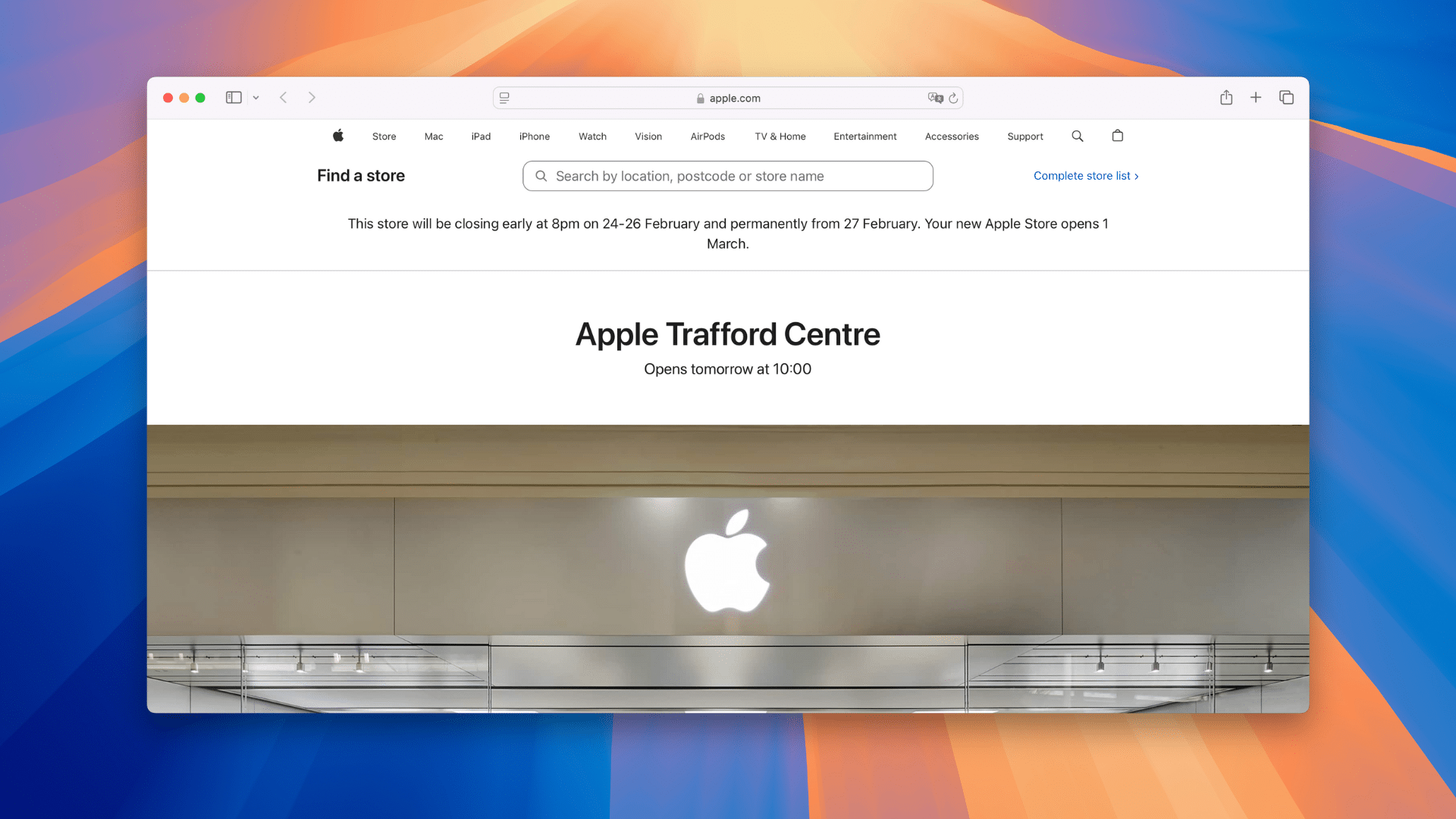 Aviso sobre o fechamento da Apple Trafford Centre