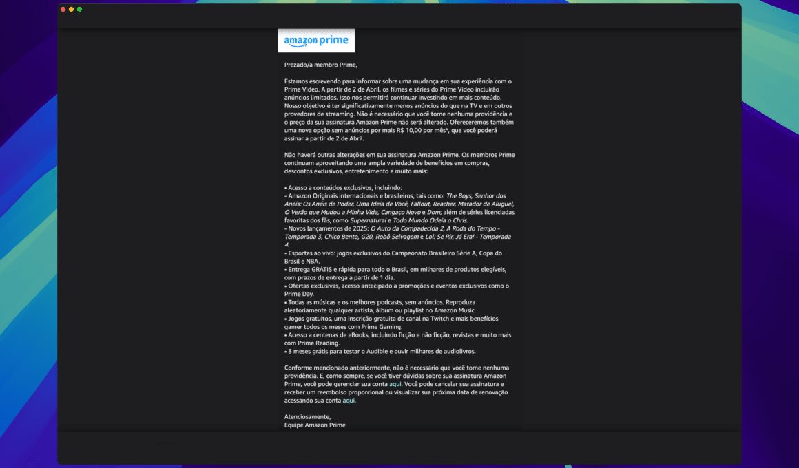 Email sobre plano com anúncios no Prime Video