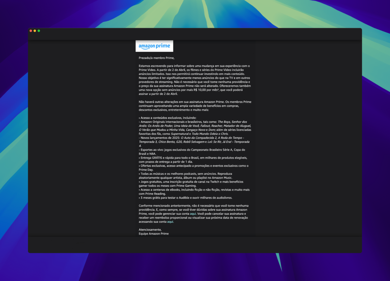 Email sobre plano com anúncios no Prime Video