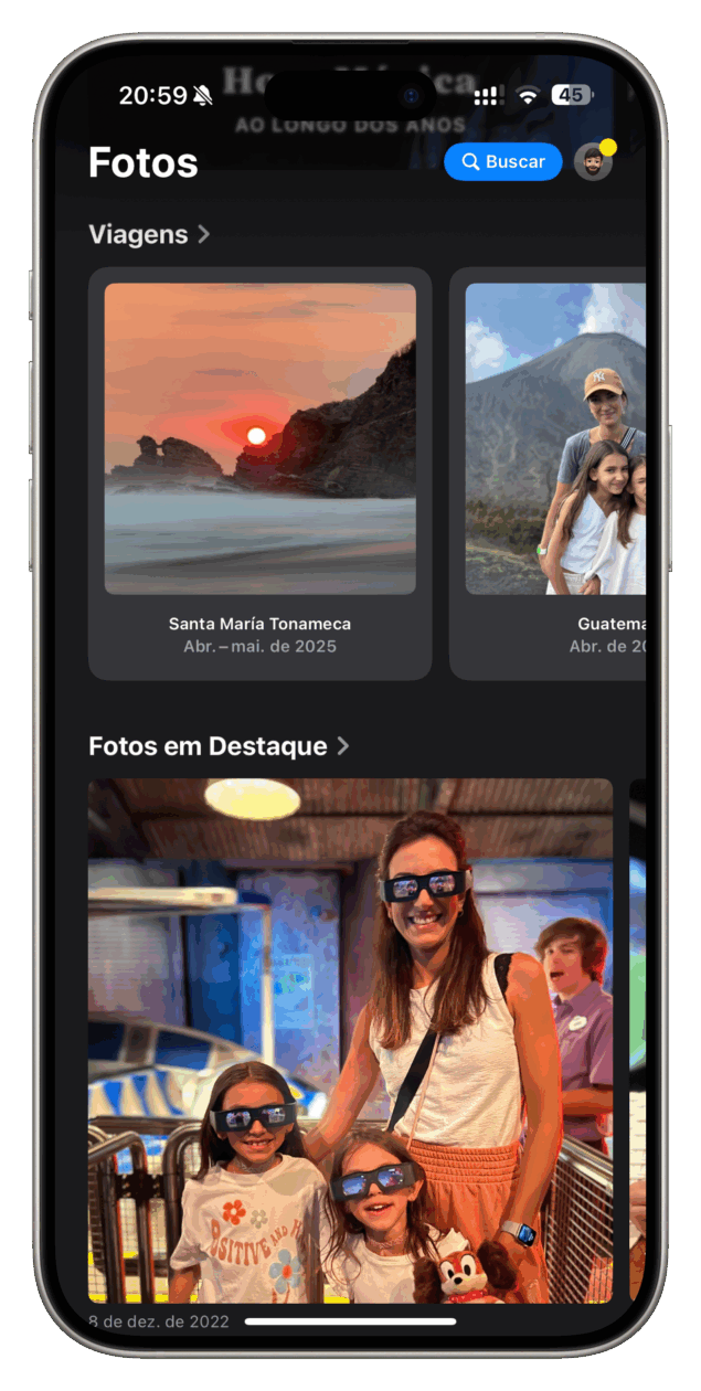 Fotos de viagens no app Fotos